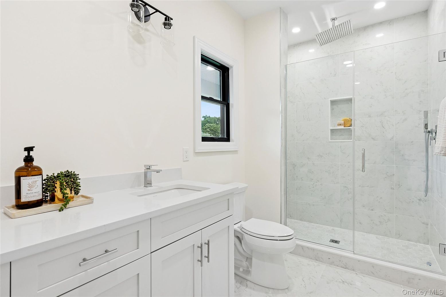 Bathroom, Glass Shower, Interior, Marble, Marble Walls, Recessed Lighting