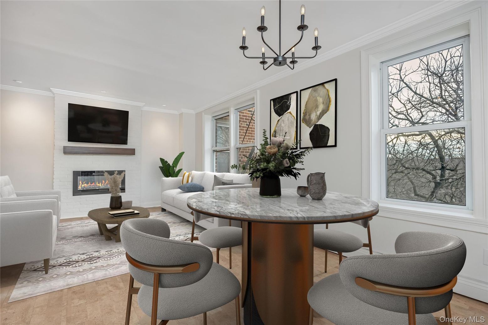 Chandelier, Dining room, Fireplace, Interior, Living room, Recessed Lighting