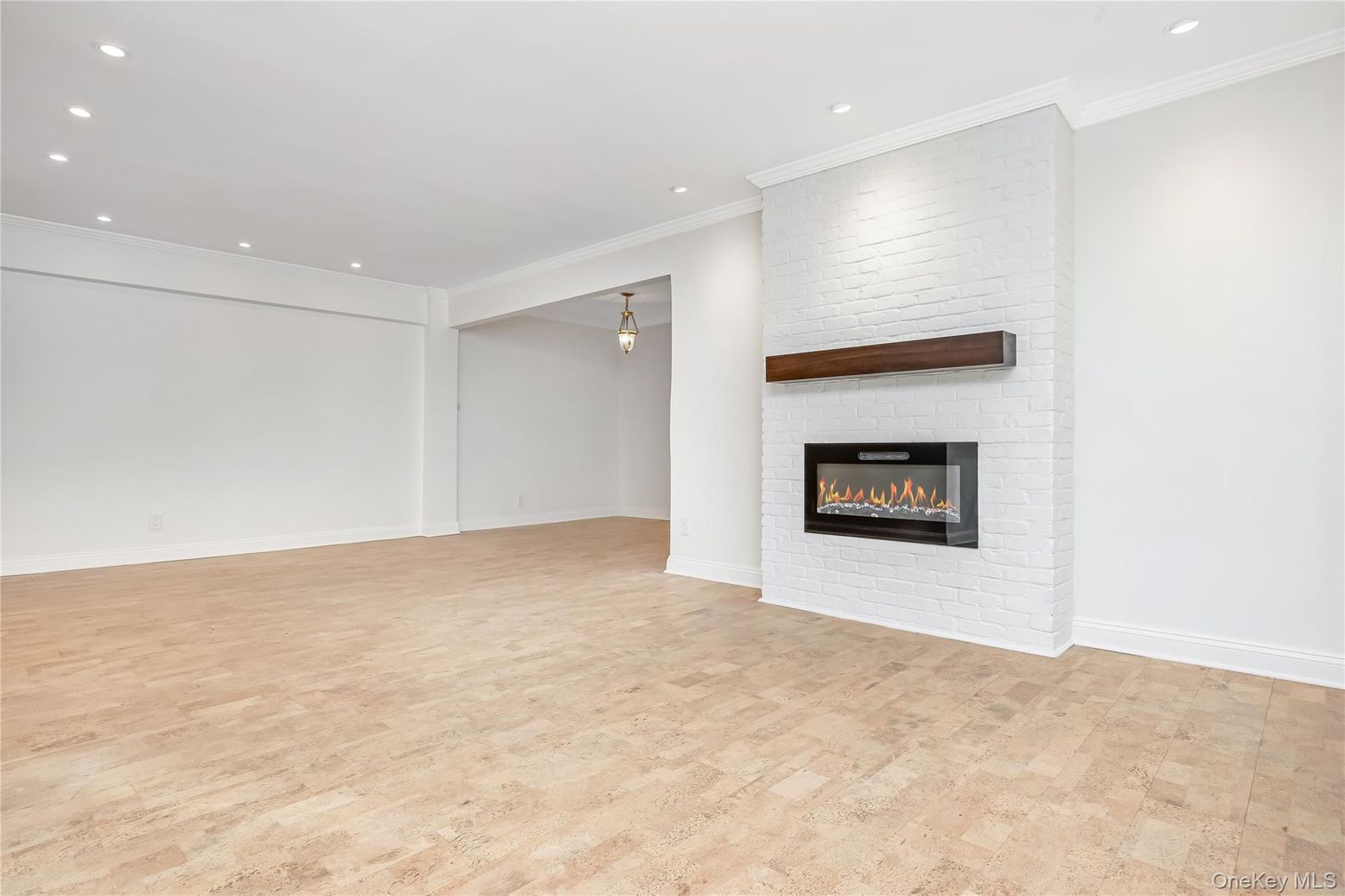 Empty room, Fireplace, Interior, Recessed Lighting, Wood Texture Flooring