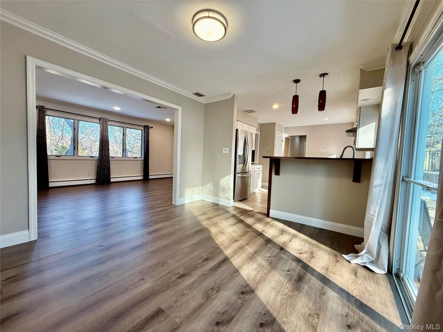 Empty room, Interior, Kitchen, Recessed Lighting, Wood Texture Flooring