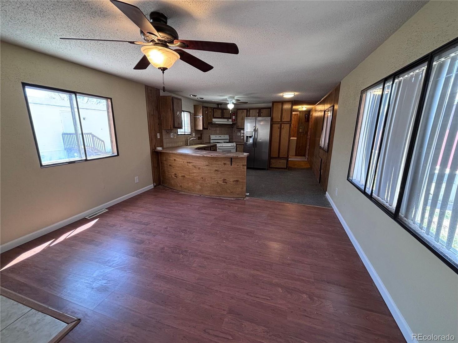 Empty room, Interior, Kitchen, Stainless Steel Appliances, Wood Texture Flooring