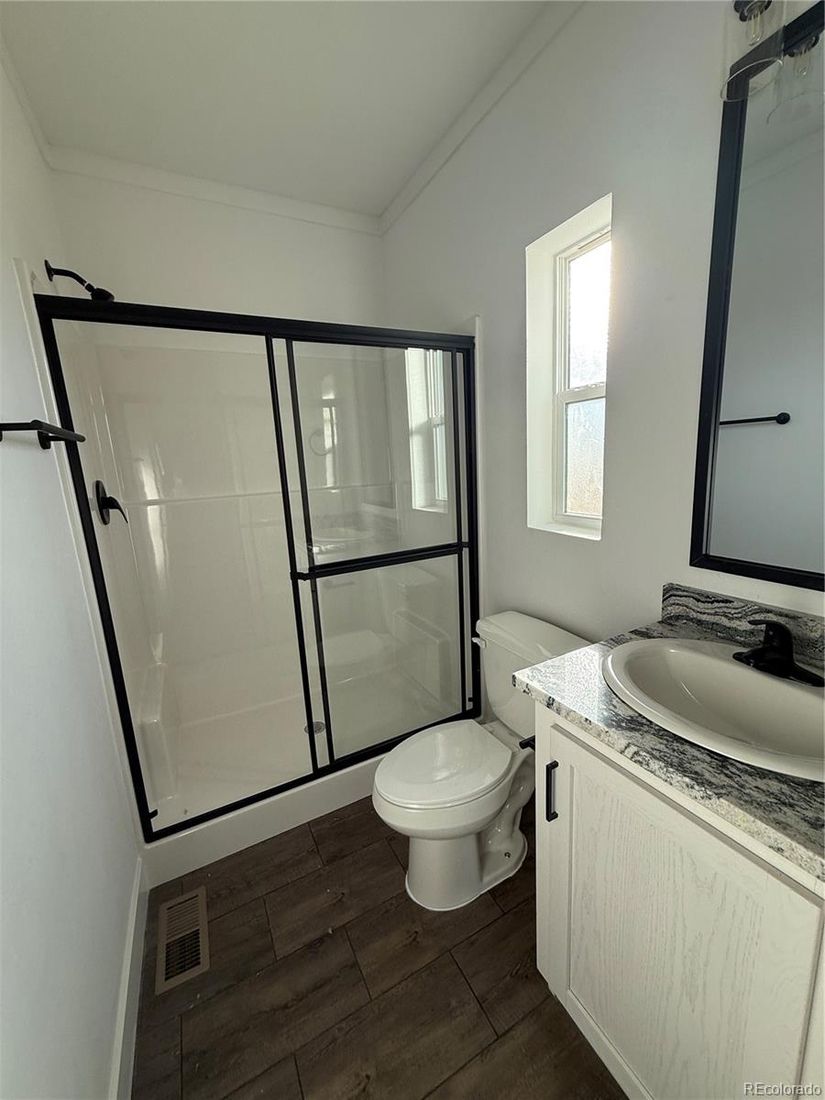 Bathroom, Glass Shower, Interior, Wood Texture Flooring