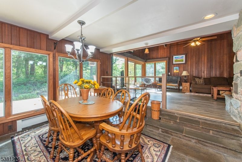 Dining room, Interior, Living room, Recessed Lighting, Wood Texture Flooring, Wooden Walls