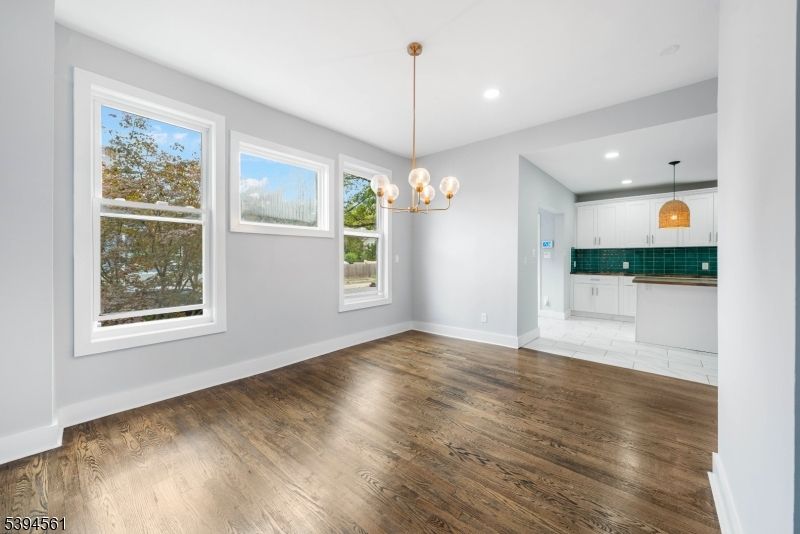 Chandelier, Empty room, Interior, Kitchen, Pendant Lights, Recessed Lighting, Wood Texture Flooring