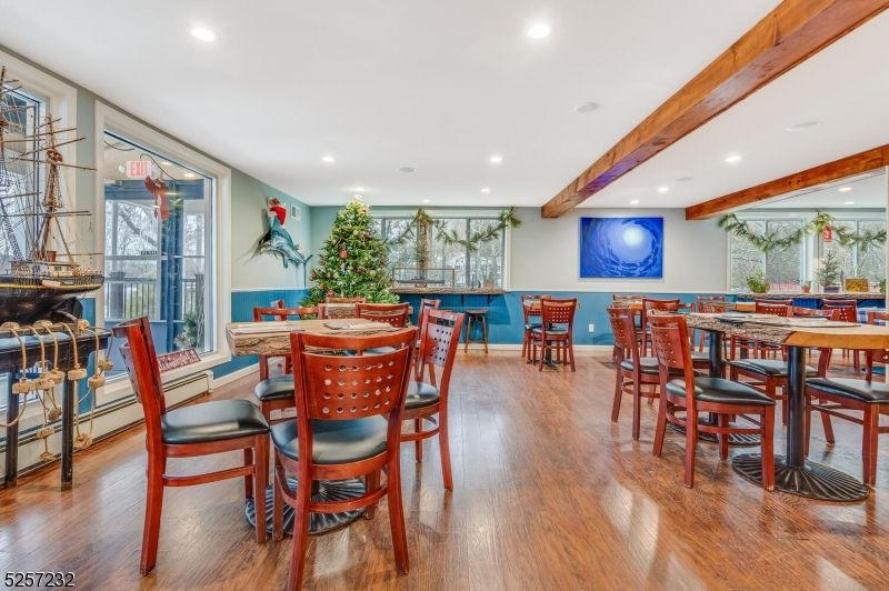 Dining room, Interior, Recessed Lighting, Wooden Beams, Wood Texture Flooring