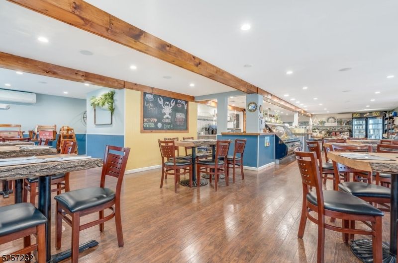 Dining room, Interior, Recessed Lighting, Wooden Beams, Wood Texture Flooring