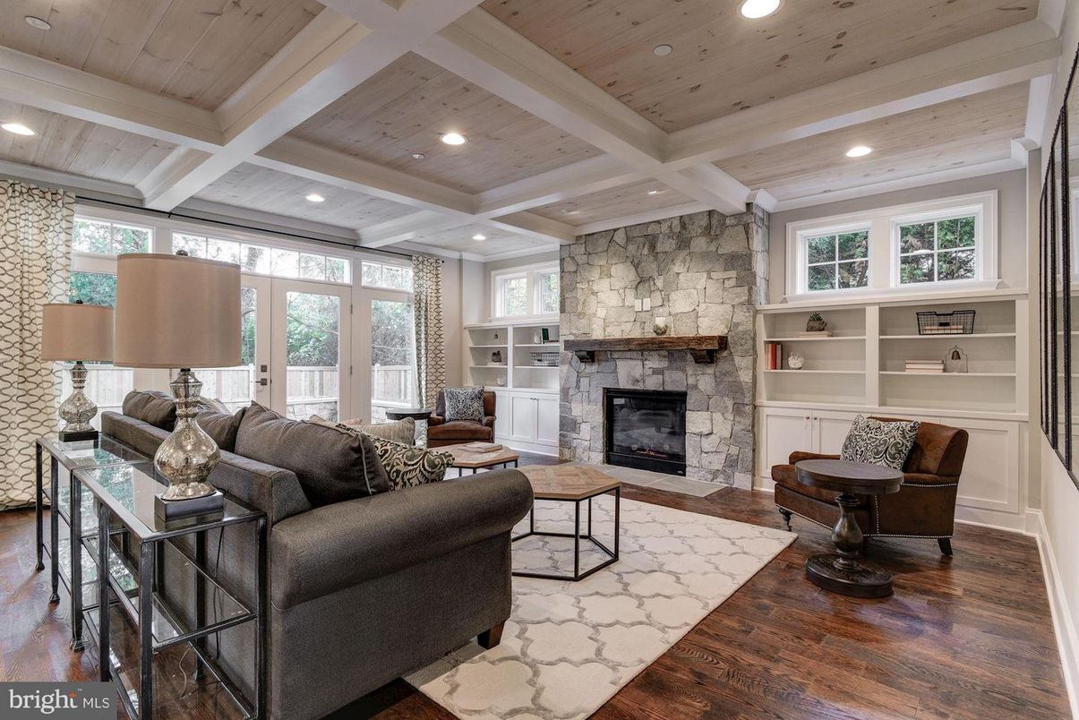 Fireplace, Interior, Living room, Recessed Lighting, Stone Walls, Wooden Ceilings, Wood Texture Flooring