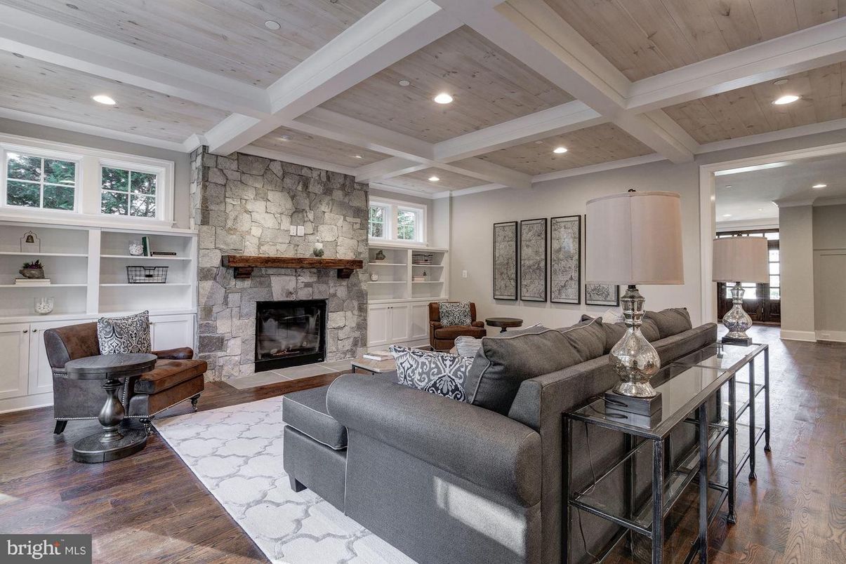 Fireplace, Interior, Living room, Recessed Lighting, Stone Walls, Wooden Ceilings, Wood Texture Flooring