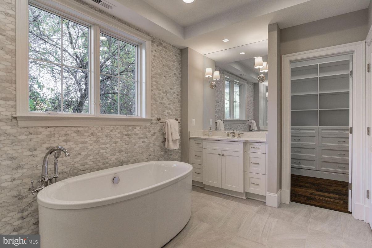 Bathroom, Dual Sink Vanities, Free Standing Baths, Interior, Recessed Lighting, Wood Texture Flooring