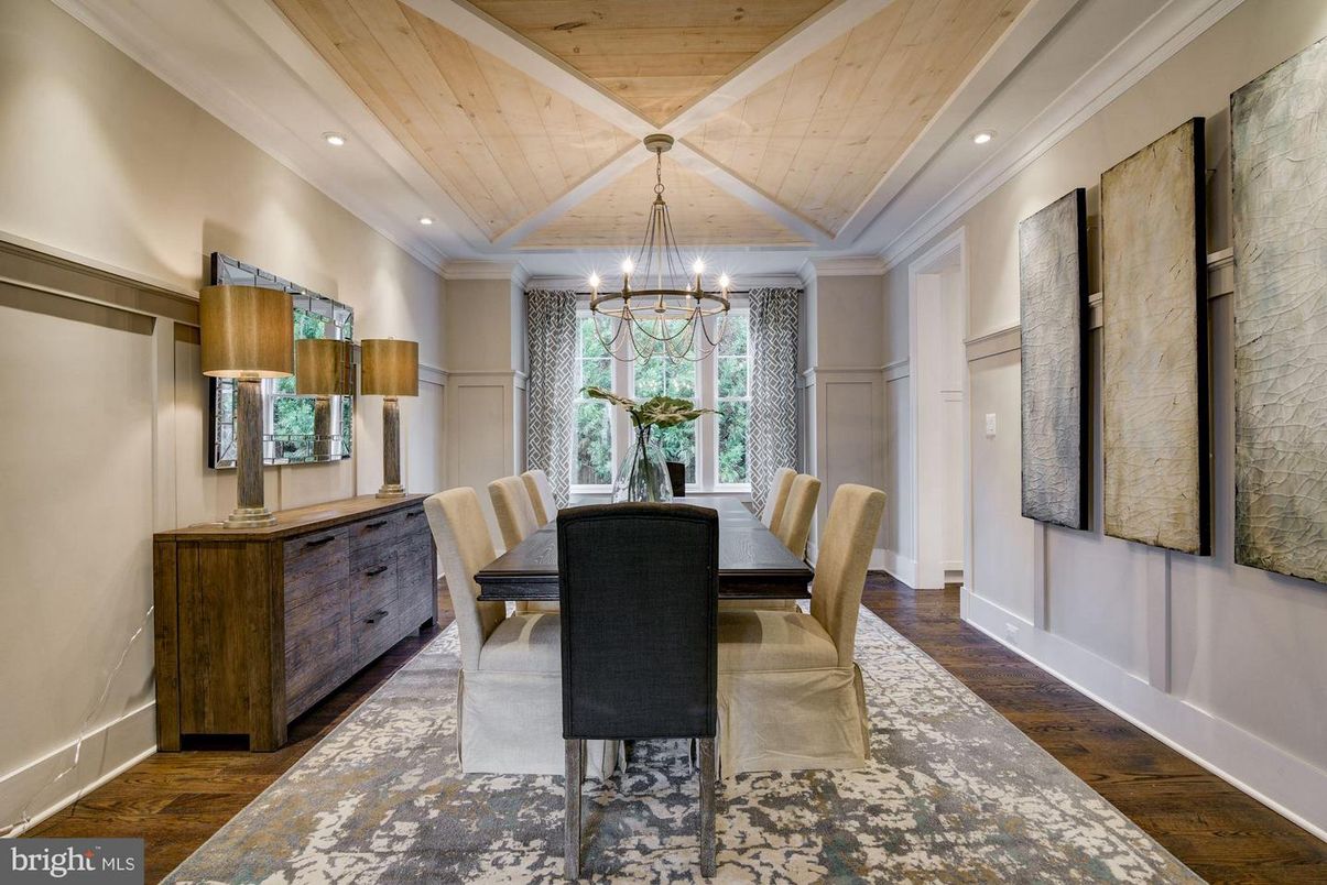 Dining room, Interior, Pendant Lights, Recessed Lighting, Wooden Ceilings, Wood Texture Flooring