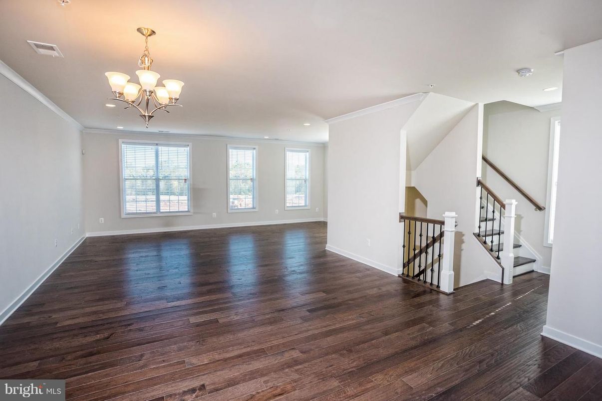 Chandelier, Empty room, Interior, Recessed Lighting, Wood Texture Flooring