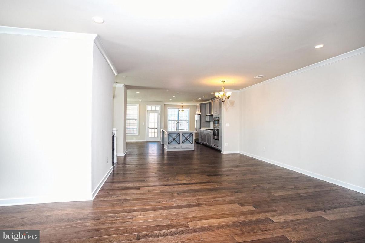 Chandelier, Empty room, Interior, Kitchen, Recessed Lighting, Wood Texture Flooring