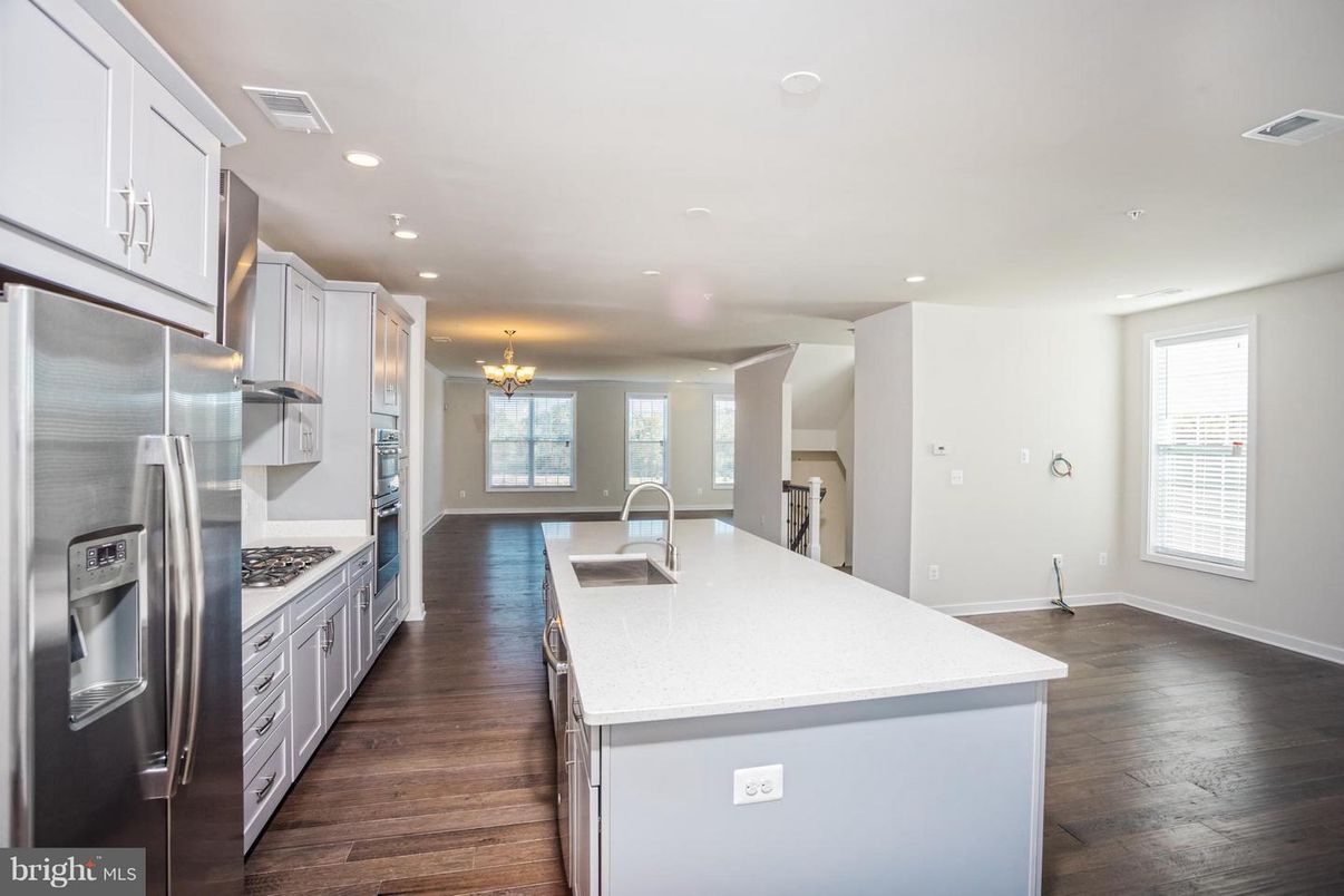 Chandelier, Interior, Kitchen, Recessed Lighting, Stainless Steel Appliances, Wood Texture Flooring