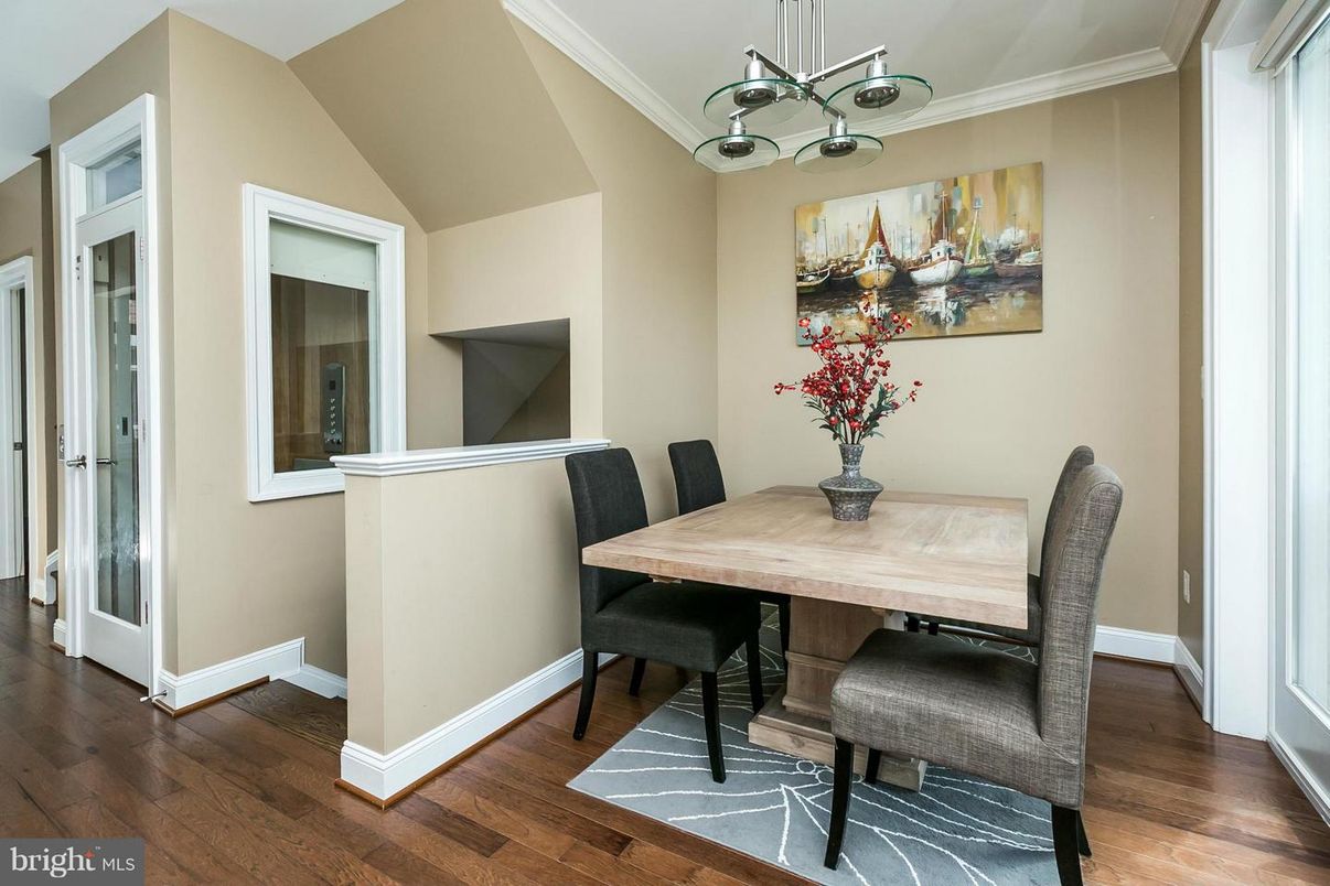 Dining room, Interior, Pendant Lights, Wood Texture Flooring