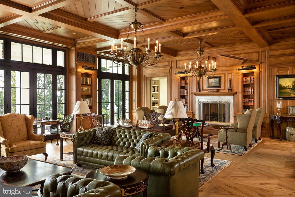 Chandelier, Dining room, Fireplace, Interior, Living room, Recessed Lighting, Wooden Beams, Wooden Ceilings, Wood Texture Flooring, Wooden Walls