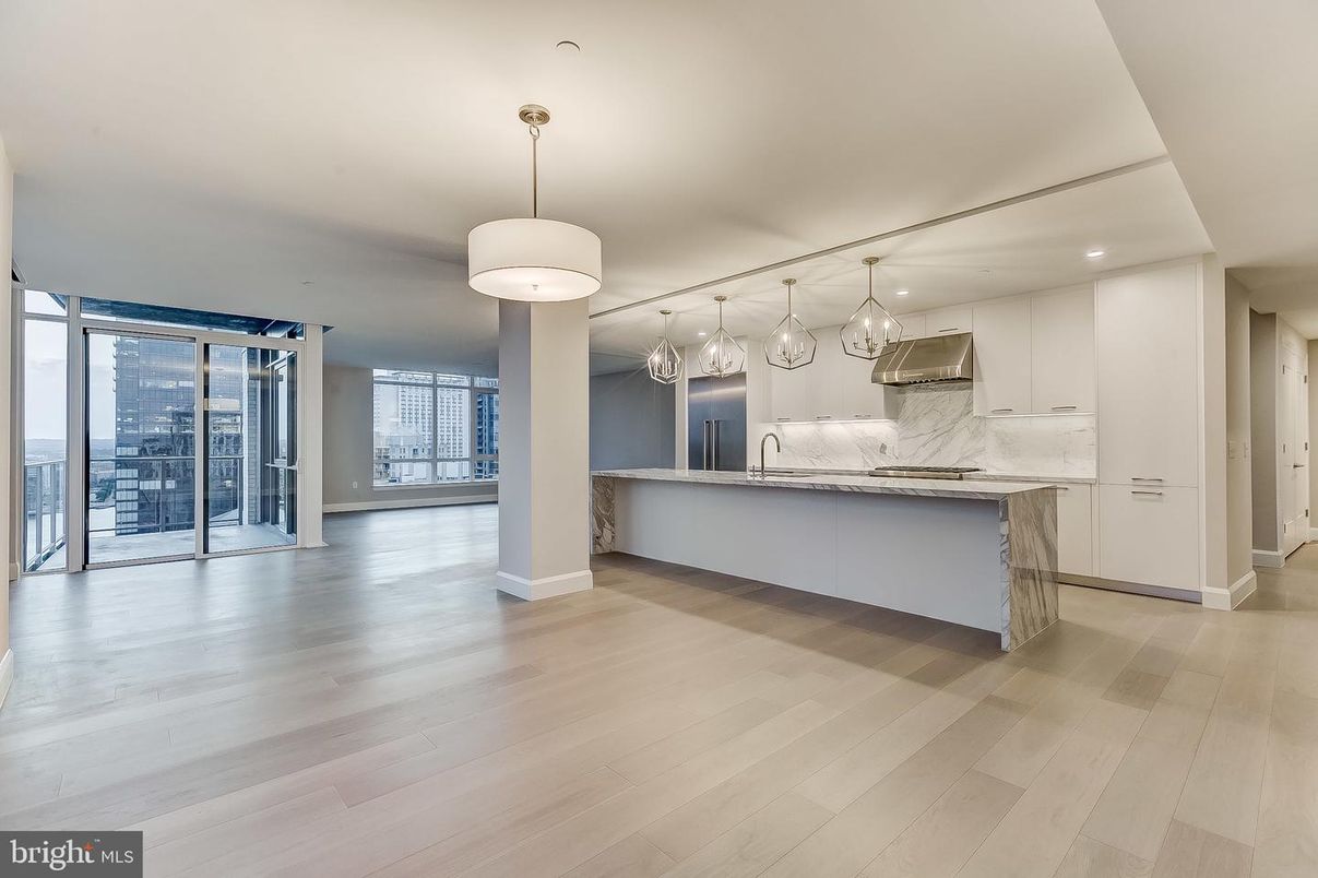 Interior, Kitchen, Marble Walls, Recessed Lighting, Wood Texture Flooring