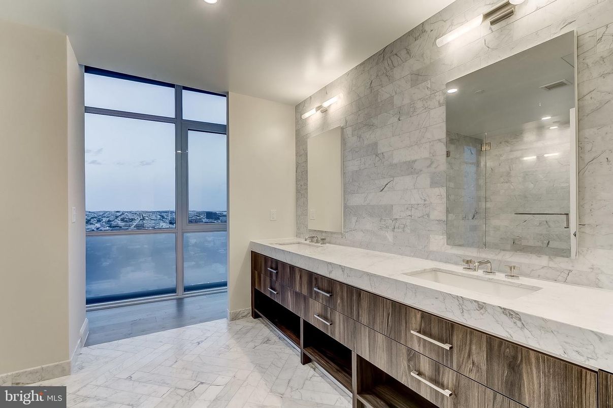 Bathroom, Dual Sink Vanities, Interior, Marble, Marble Walls, Recessed Lighting