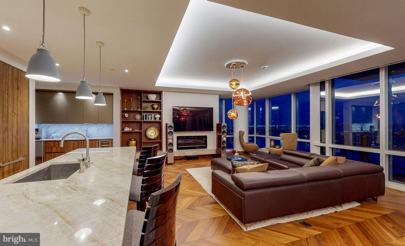 Fireplace, Interior, Kitchen, Living room, Pendant Lights, Recessed Lighting, Wood Texture Flooring