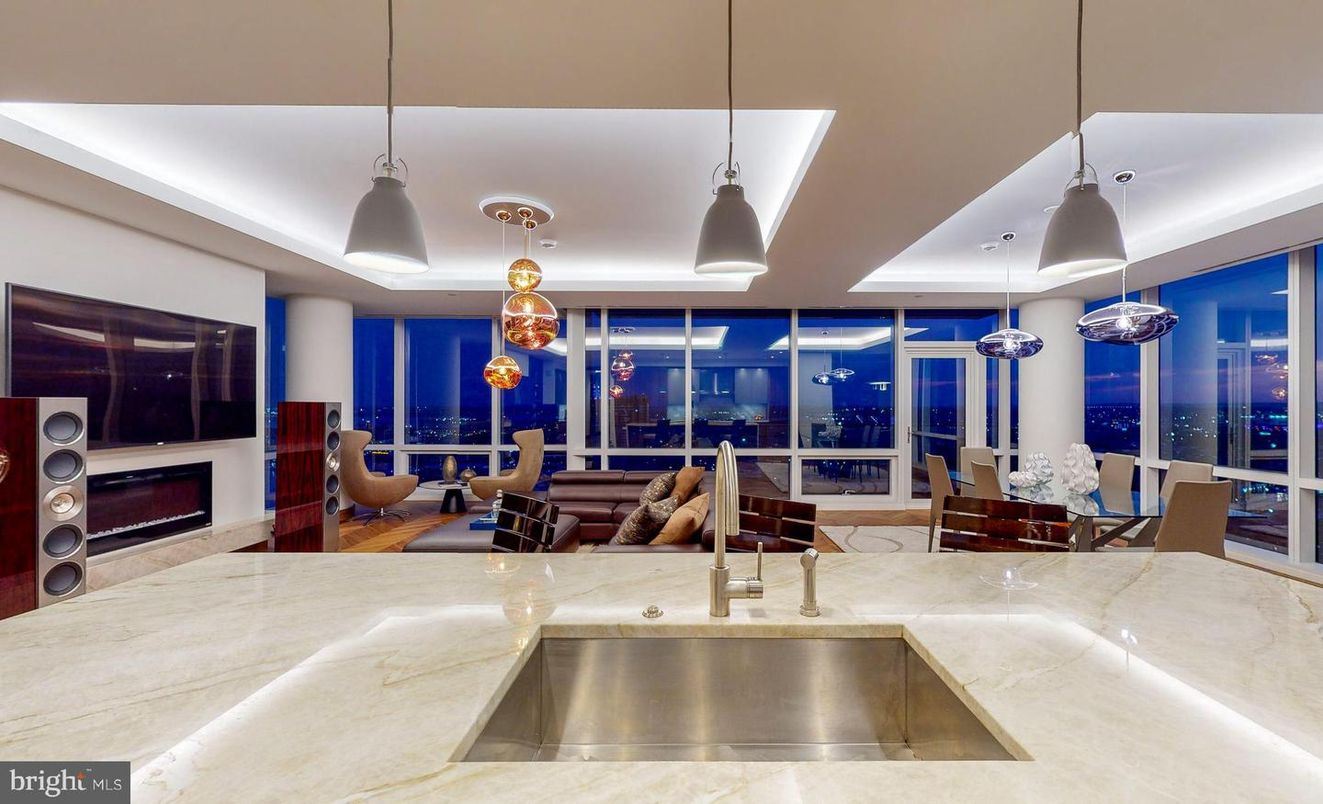 Dining room, Fireplace, Interior, Living room, Pendant Lights