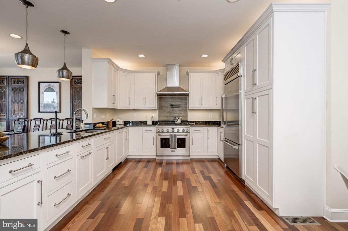 Interior, Kitchen, Pendant Lights, Recessed Lighting, Stainless Steel Appliances, Wood Texture Flooring