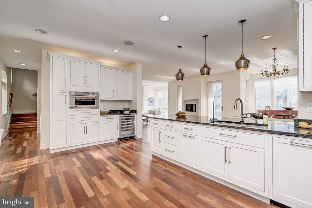Interior, Kitchen, Pendant Lights, Recessed Lighting, Stainless Steel Appliances, Wood Texture Flooring