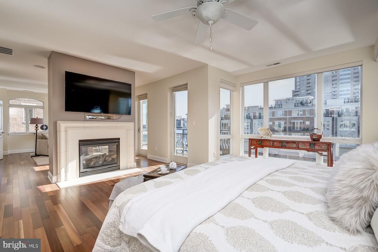 Bedroom, Fireplace, Interior, Wood Texture Flooring