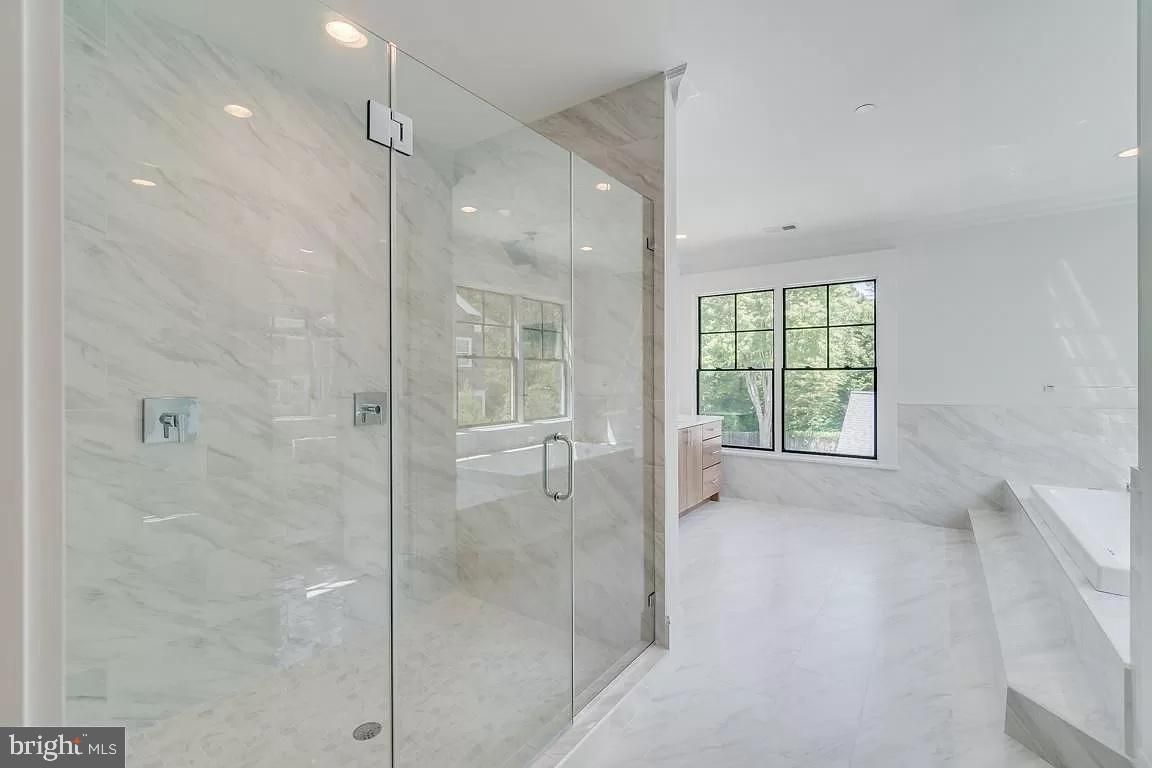 Bathroom, Glass Shower, Interior, Marble, Marble Walls, Recessed Lighting