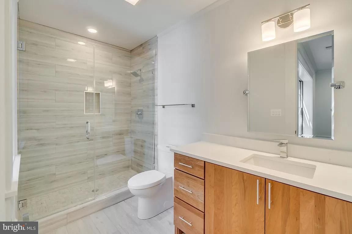 Bathroom, Glass Shower, Interior, Recessed Lighting, Wood Texture Flooring