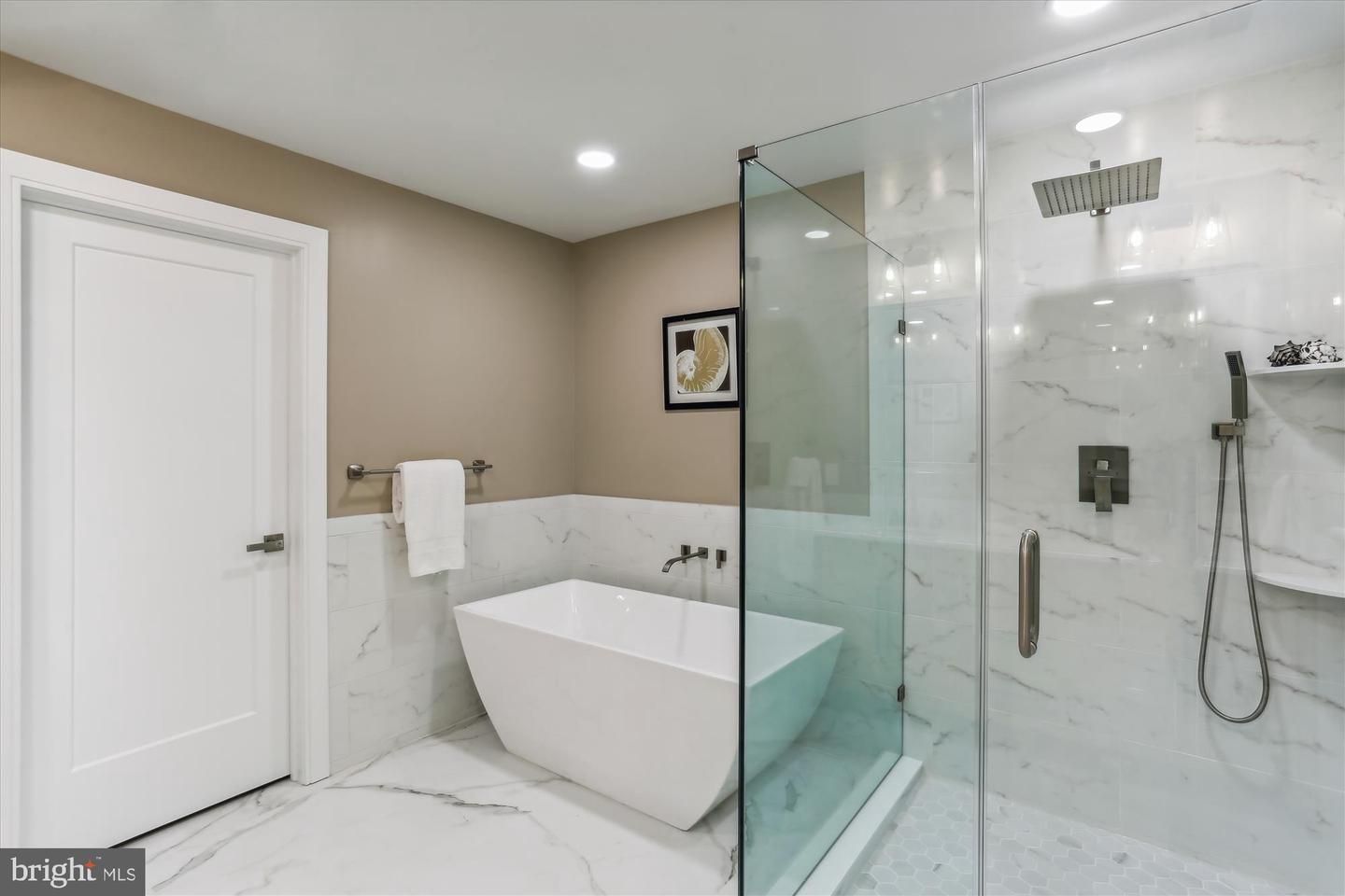 Bathroom, Free Standing Baths, Glass Shower, Interior, Marble, Marble Walls, Recessed Lighting