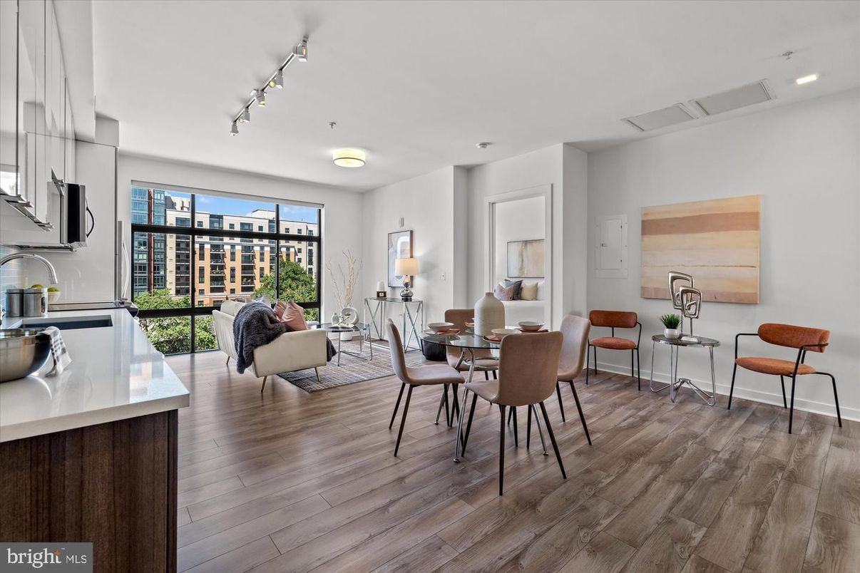 Dining room, Interior, Living room, Recessed Lighting, Wood Texture Flooring