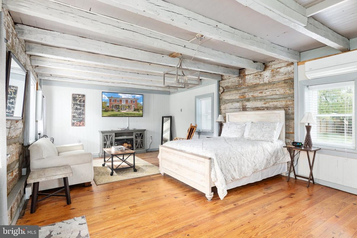 Bedroom, Fireplace, Interior, Pendant Lights, Wood Texture Flooring, Wooden Walls