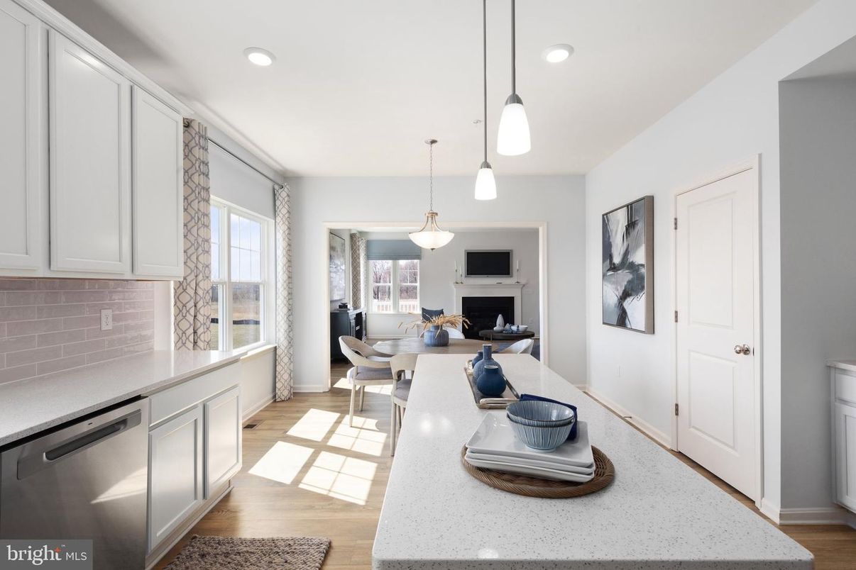 Dining room, Fireplace, Interior, Kitchen, Pendant Lights, Recessed Lighting, Wood Texture Flooring