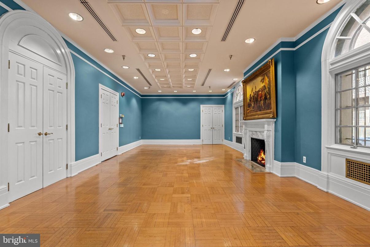 Empty room, Fireplace, Interior, Recessed Lighting, Wood Texture Flooring