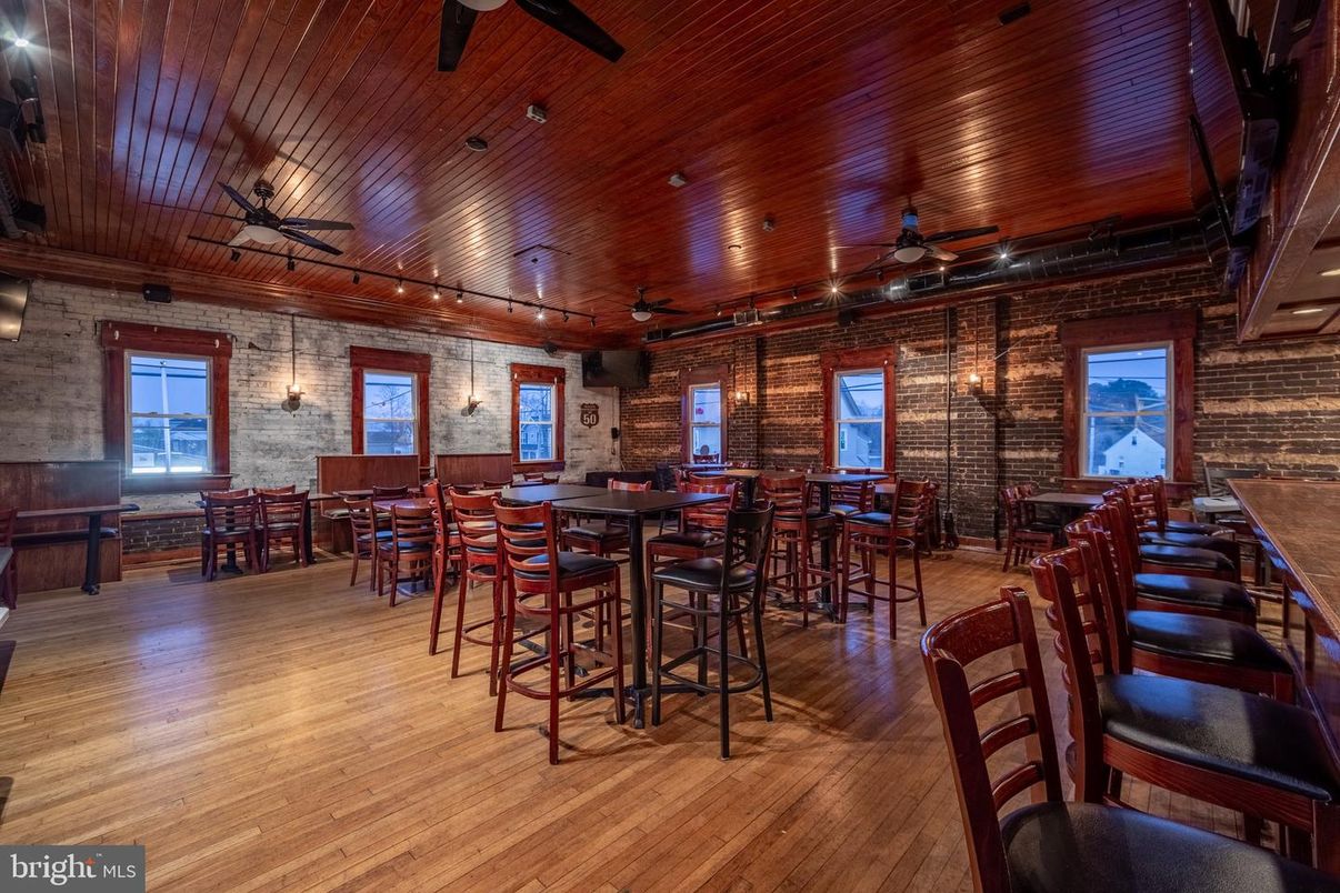 Dining room, Interior, Pendant Lights, Recessed Lighting, Stone Walls, Wooden Ceilings, Wood Texture Flooring