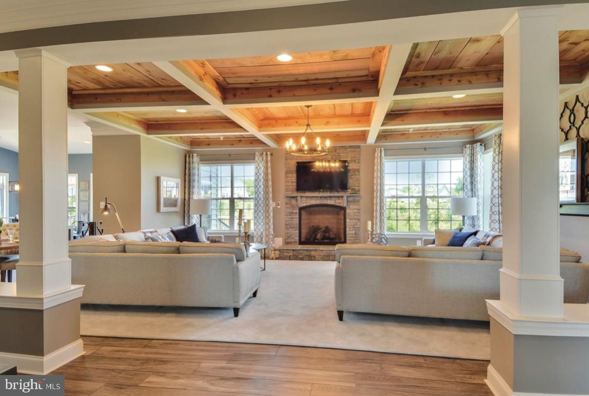 Chandelier, Fireplace, Interior, Living room, Recessed Lighting, Wooden Beams, Wooden Ceilings, Wood Texture Flooring