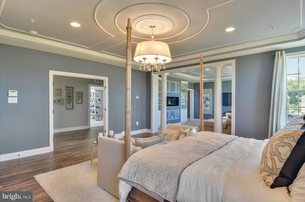 Bedroom, Chandelier, Interior, Recessed Lighting, Wood Texture Flooring