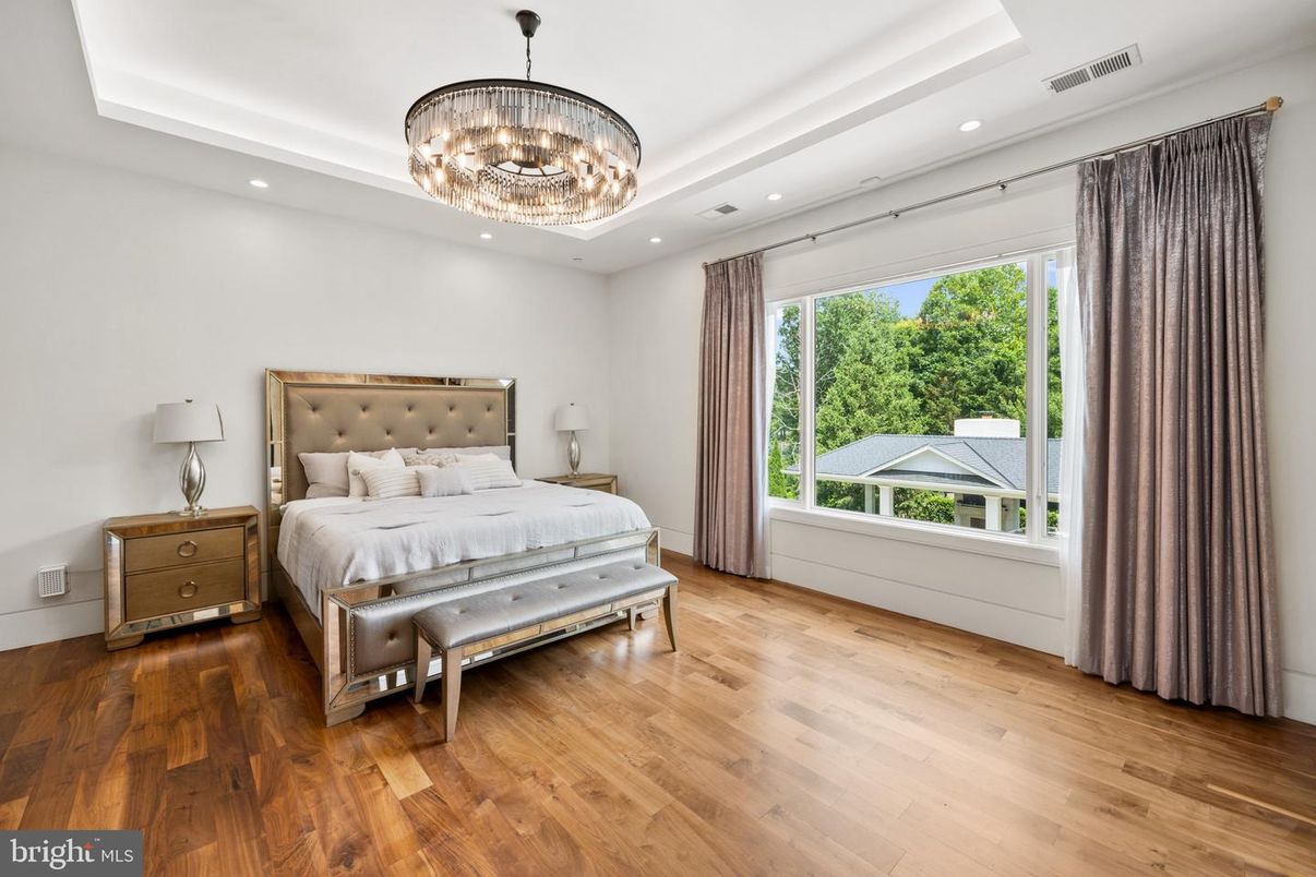 Bedroom, Chandelier, Interior, Recessed Lighting, Wood Texture Flooring