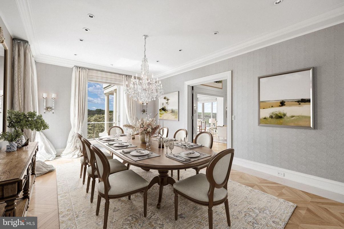 Chandelier, Dining room, Interior, Recessed Lighting, Wood Texture Flooring
