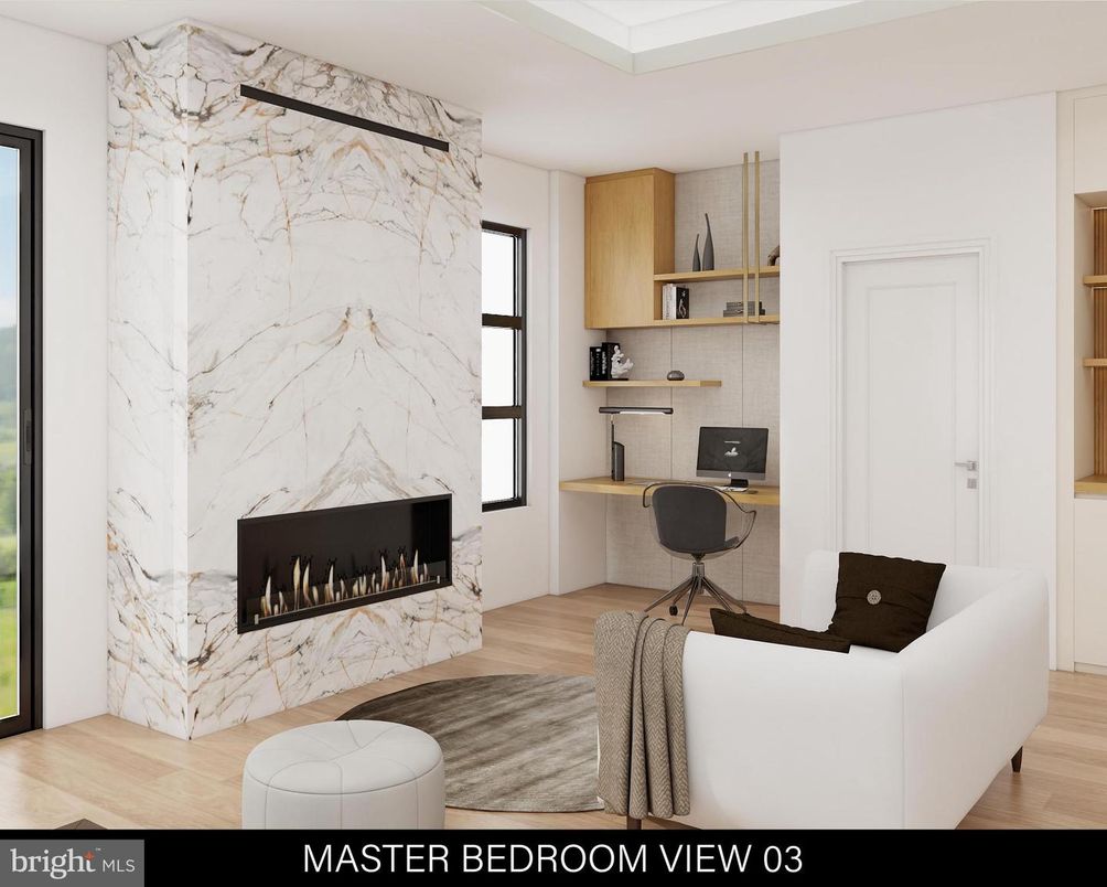 Fireplace, Home Office, Interior, Marble Walls, Wood Texture Flooring