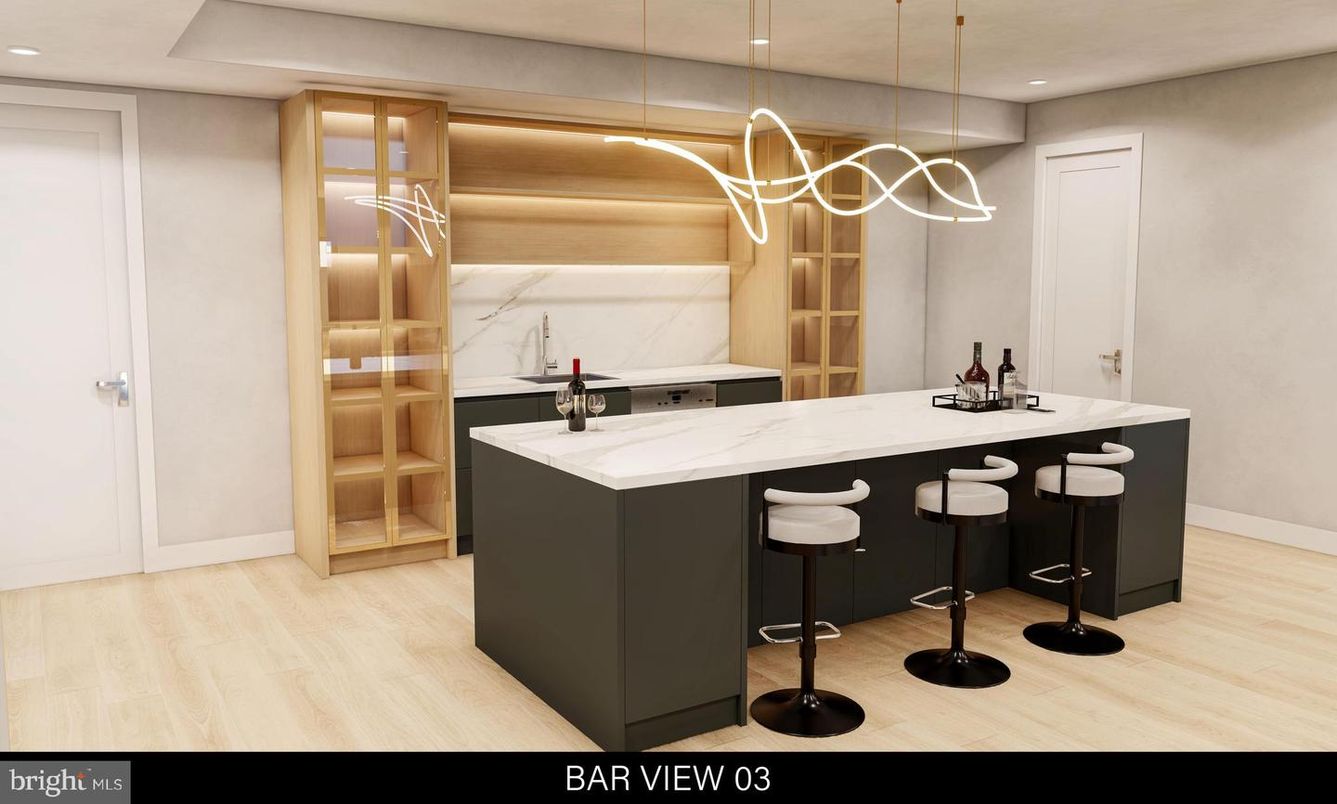 Interior, Marble Walls, Pendant Lights, Recessed Lighting, Wood Texture Flooring