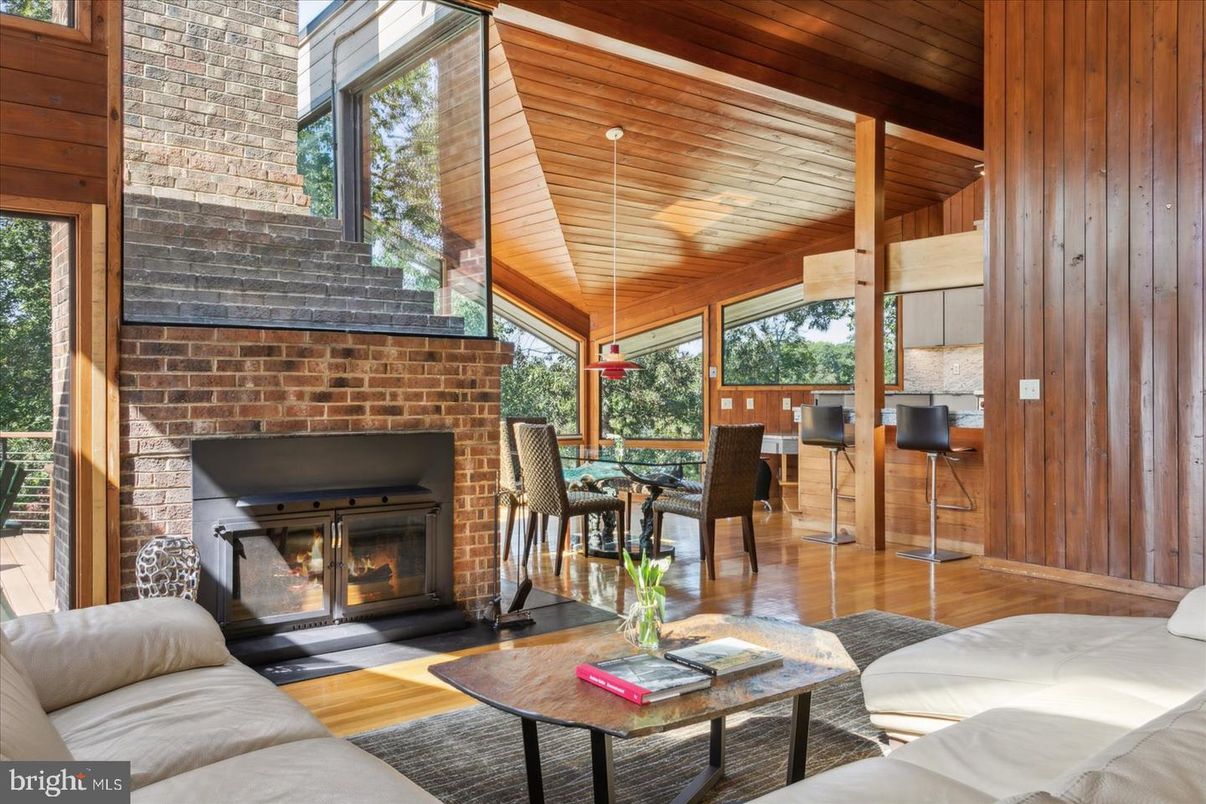 Dining room, Fireplace, Interior, Living room, Stone Walls, Wooden Ceilings, Wood Texture Flooring, Wooden Walls