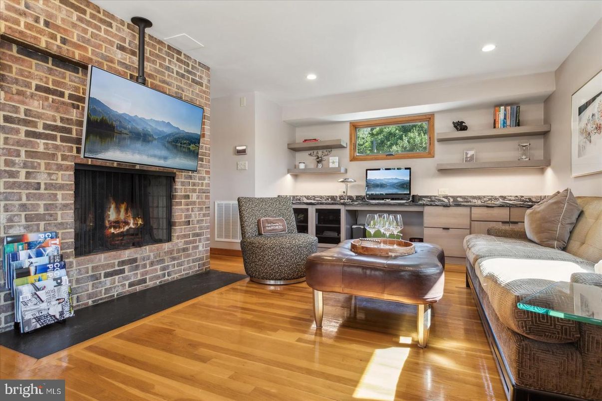 Fireplace, Interior, Recessed Lighting, Stone Walls, Wood Texture Flooring