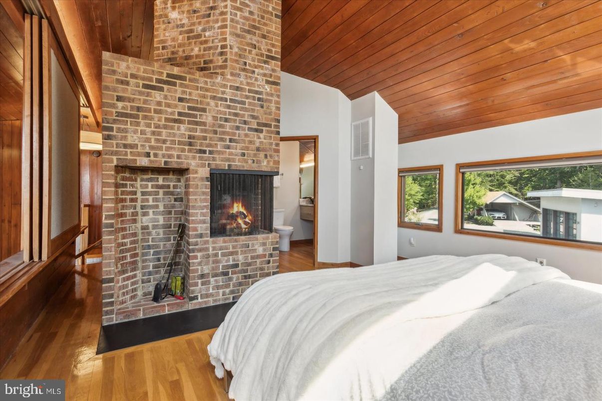Bedroom, Fireplace, Interior, Stone Walls, Wooden Ceilings, Wood Texture Flooring