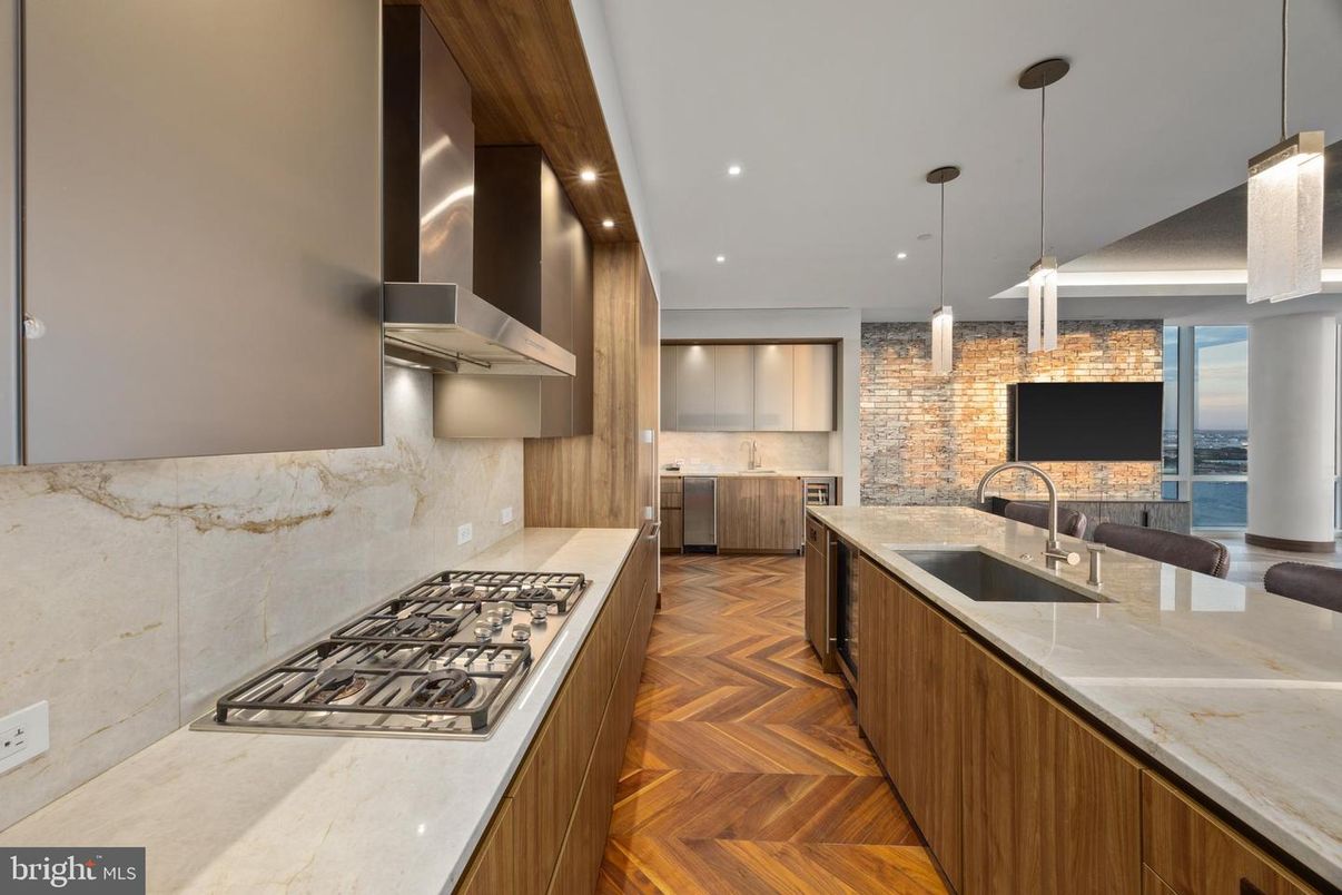 Interior, Kitchen, Pendant Lights, Recessed Lighting, Stainless Steel Appliances, Stone Walls, Wood Texture Flooring