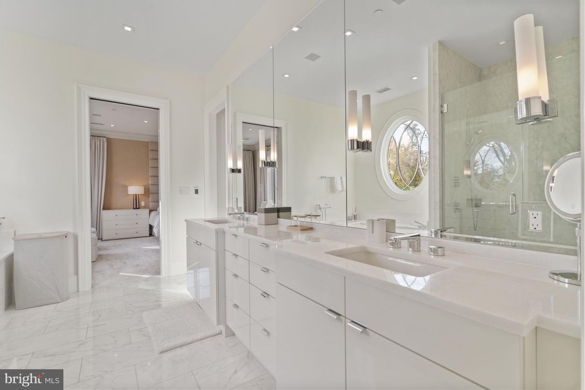 Bathroom, Dual Sink Vanities, Glass Shower, Interior, Marble, Recessed Lighting