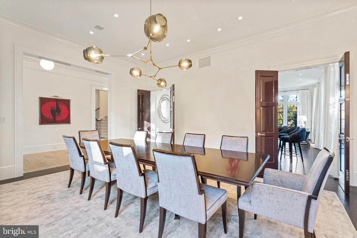 Dining room, Interior, Pendant Lights, Recessed Lighting, Wood Texture Flooring