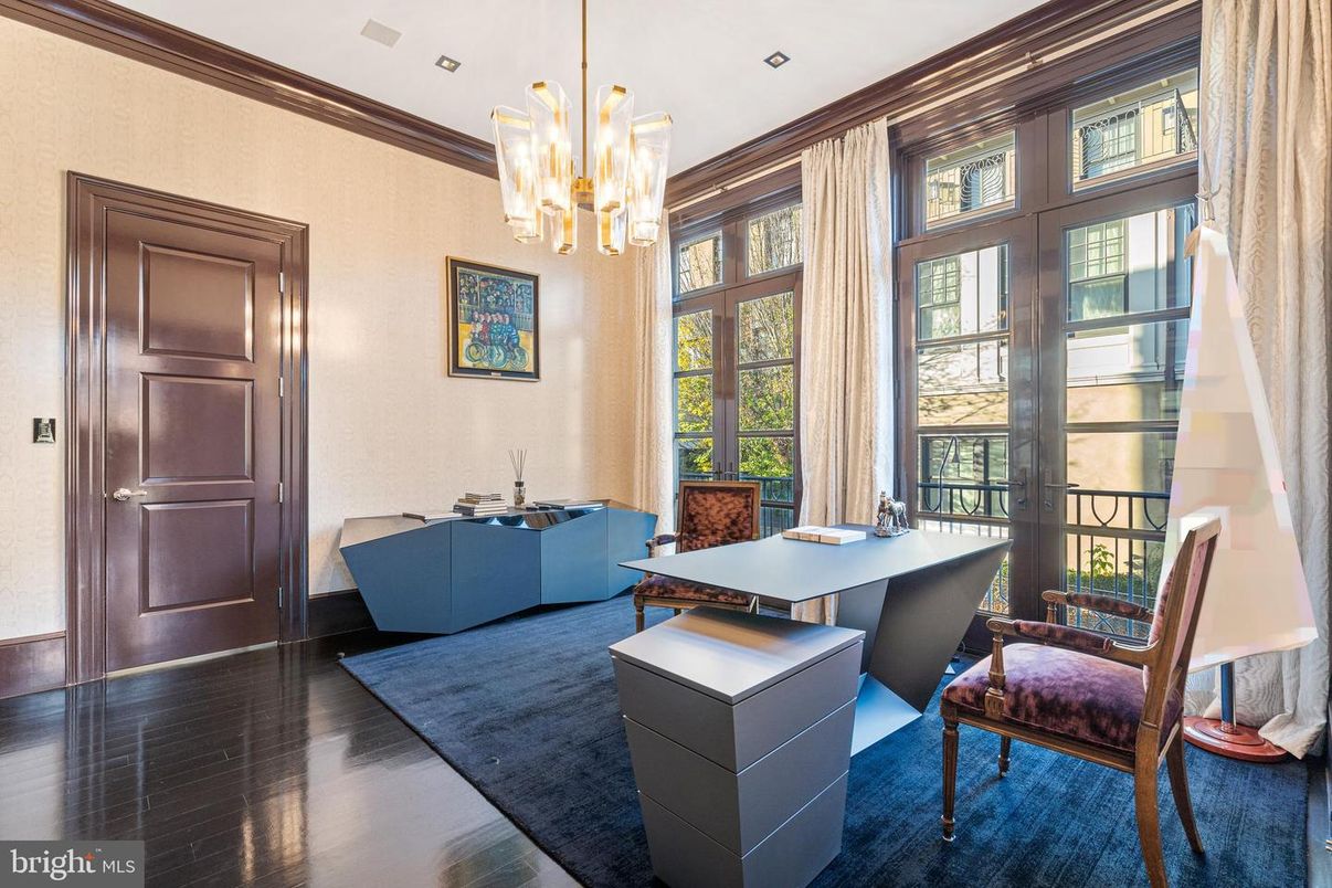 Chandelier, Home Office, Interior, Recessed Lighting, Wood Texture Flooring