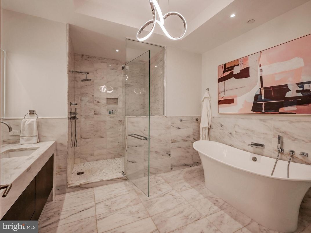Bathroom, Free Standing Baths, Glass Shower, Interior, Marble, Marble Walls, Pendant Lights, Recessed Lighting
