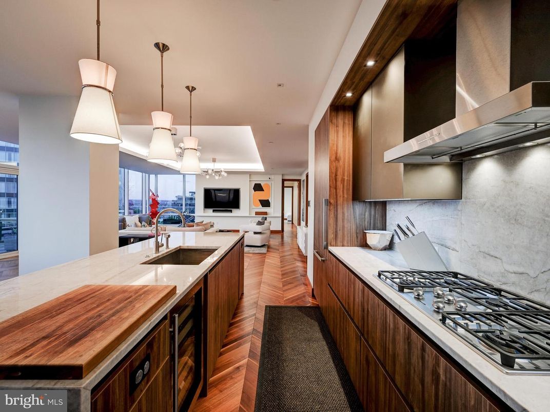 Interior, Kitchen, Pendant Lights, Recessed Lighting, Stainless Steel Appliances, Wood Texture Flooring