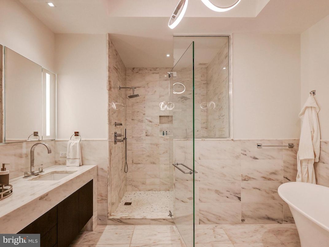 Bathroom, Free Standing Baths, Glass Shower, Interior, Marble Walls, Recessed Lighting